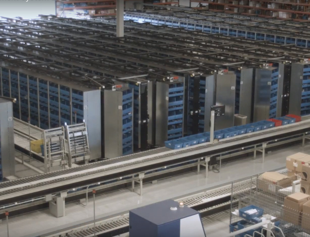 group of horizontal carousels in a warehouse