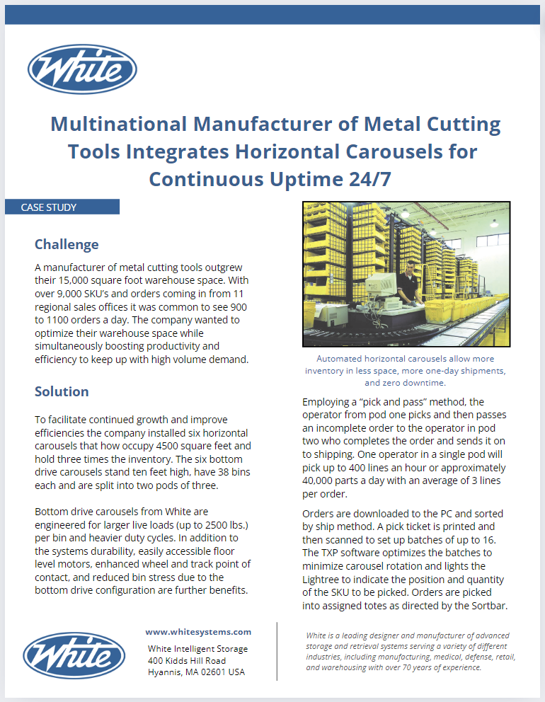 Multinational Manufacturer of Metal Cutting Tools Integrates Horizontal Carousels for Continuous Uptime 24/7 Case Study