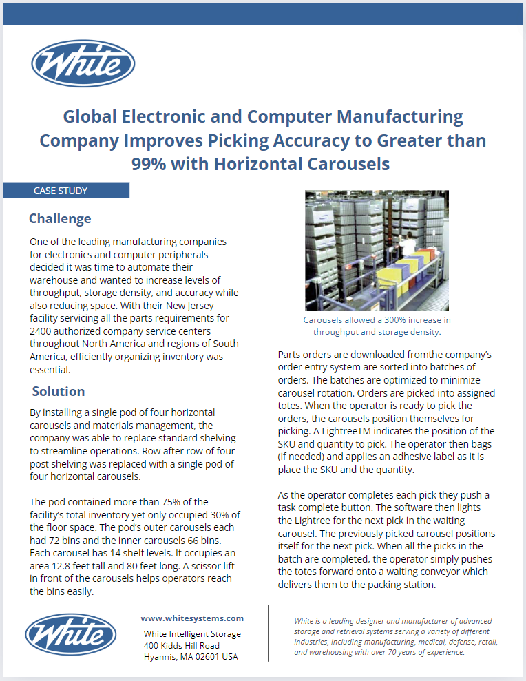 Global Electronic and Computer Manufacturing Company Improves Picking Accuracy to Greater than 99% with Horizontal Carousels Case Study